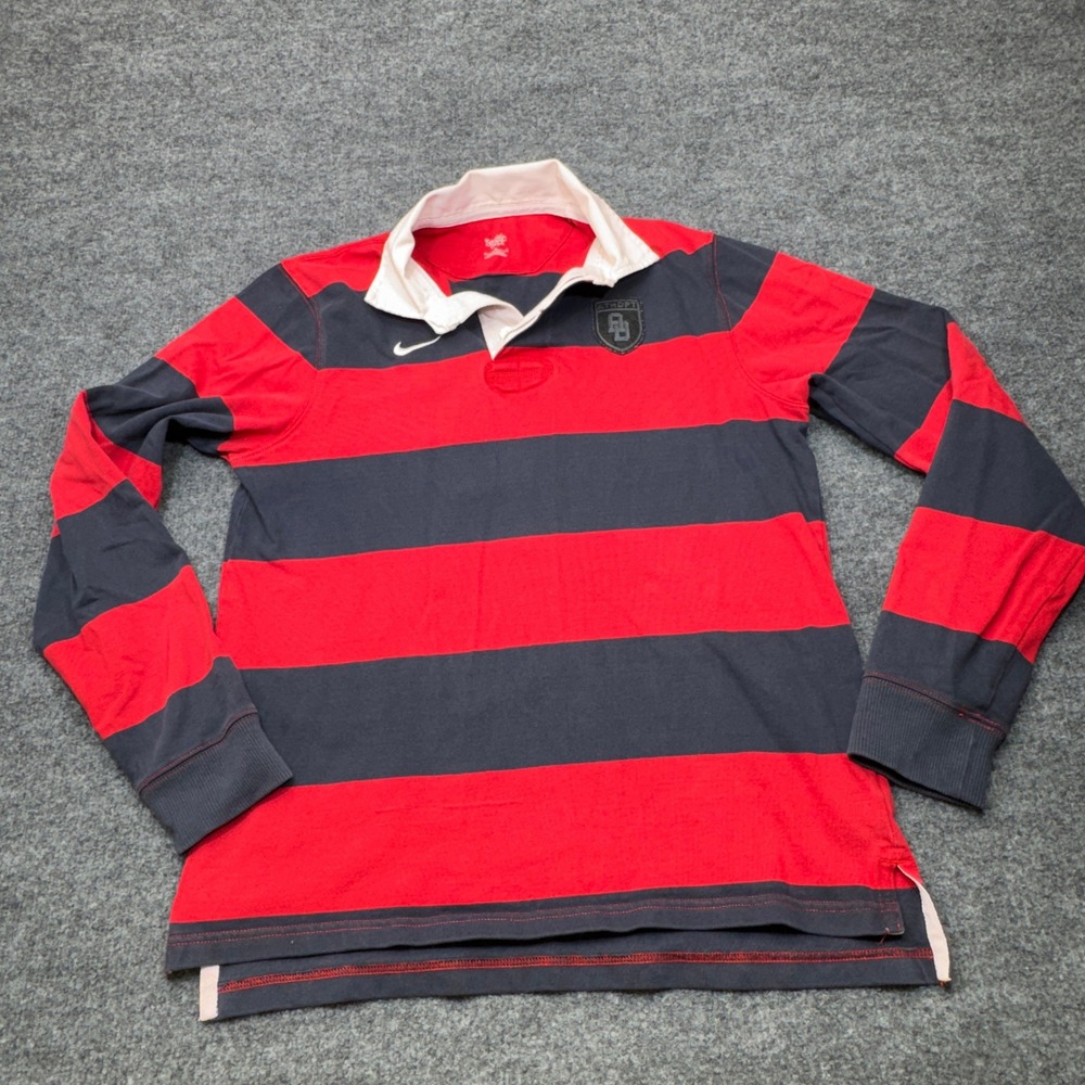 Nike Rugby Shirt Mens Medium Red Gray Striped Athletic Dept Long Sleeve Preppy